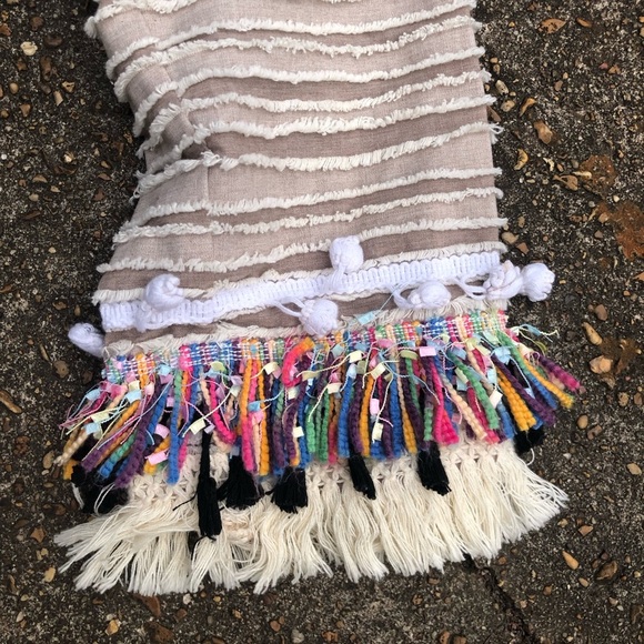 Moon River tan boho linen blend bell sleeve top/short set rainbow tassels sz S/L - Picture 5 of 10